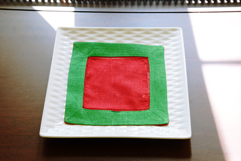 Multicolored Hemstitch Cocktail Napkin Red & Kelly Green color